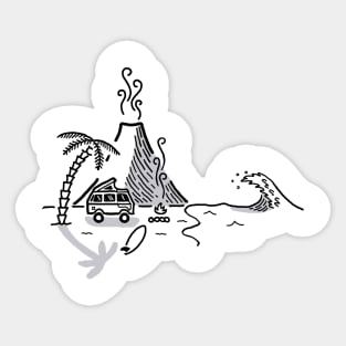 Volcano Mountain Palm Tree Van Beach Surfboard Wave Campfire Sticker